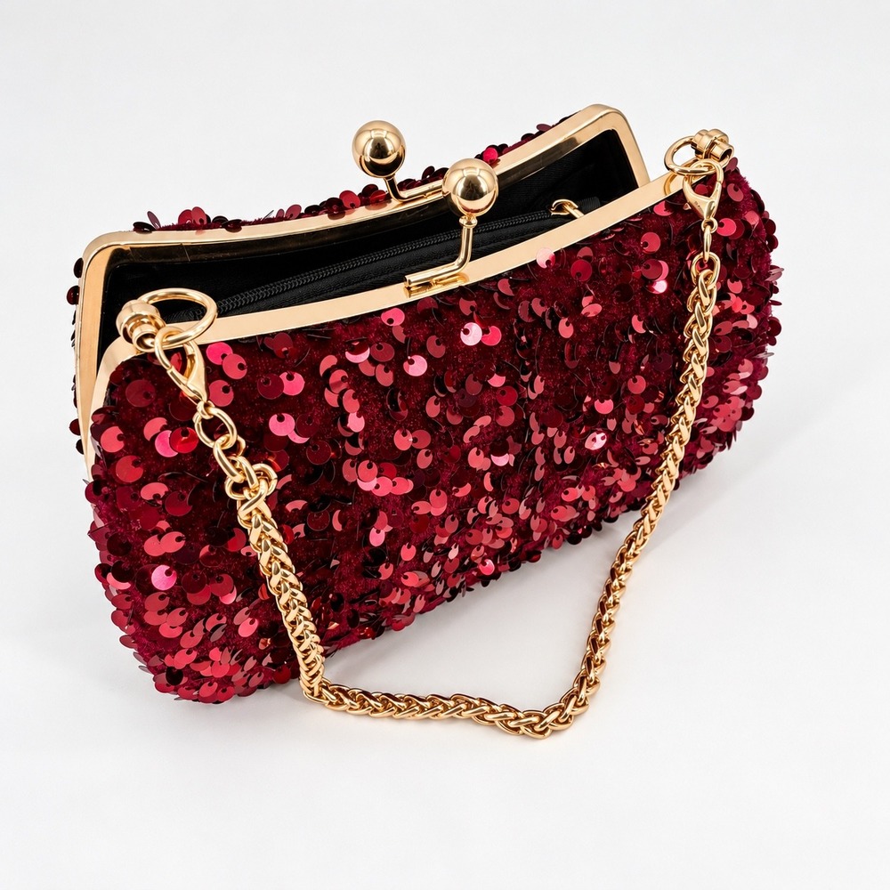 Holiday Burgundy Sequin Evening Clutch 2 Straps Formal Party Fancy Date Night
